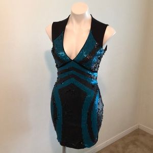 Forever 21 Black/Teal Sequined Deep V Dress Small